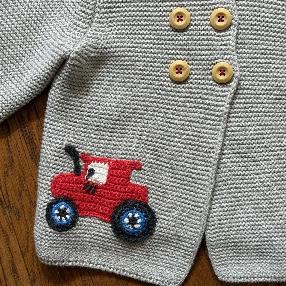 Mini Boden Knit Hooded Jacket Sweater Sz 12 to‎ 18 Months Rainbow Farm Appliqué